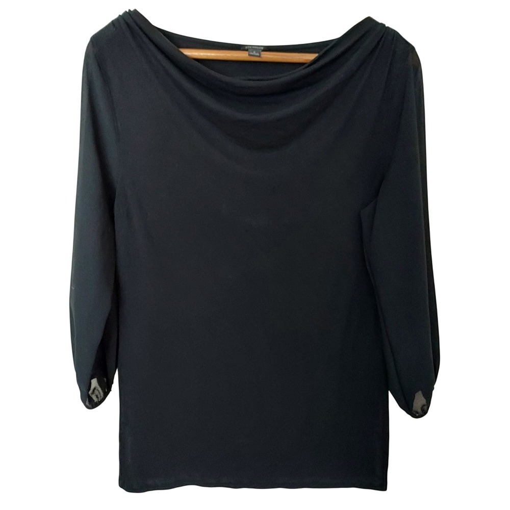 Ann Taylor Small Black Cowl Neck Top Chiffon 3/4 Sleeve Jersey Office Capsule